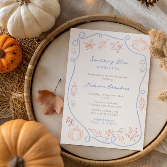 Hand Drawn Something Blue Fall Bridal Shower Invitation (Fall-theme Something Blue Bridal Shower invitation featuring hand drawn pumpkins and autumn leaves)