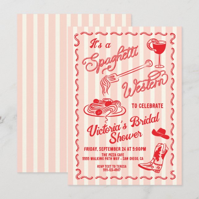 Hand drawn Spaghetti Western Italian Cowboy Pasta Invitation (Front/Back)