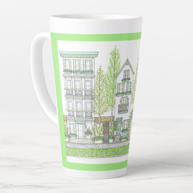 Hand Drawn Spring City Green Large Latte Mug (Left Angle)