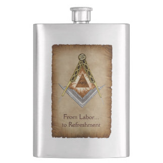 Hand Drawn Square and Compass With All Seeing Eye Hip Flask