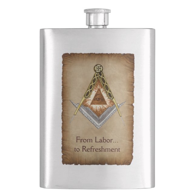 Hand Drawn Square and Compass With All Seeing Eye Hip Flask (Front)