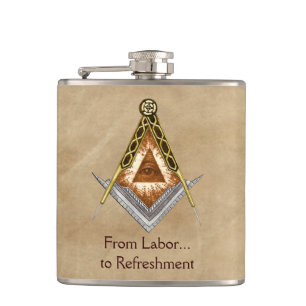 Hand Drawn Square and Compass With All Seeing Eye Hip Flask