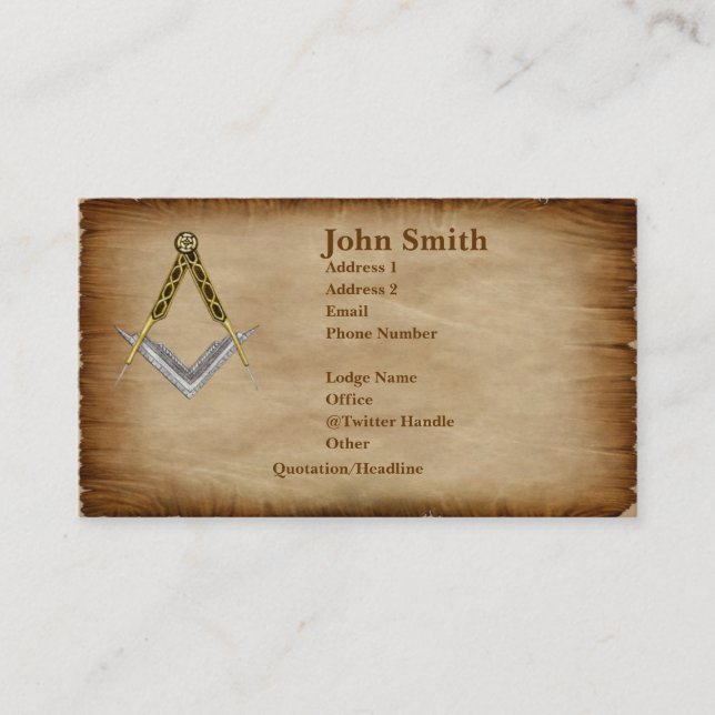 Hand-Drawn Square & Compass Parchment Business Card (Front)