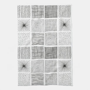 Hand drawn Squares Abstract Black & White B/W Kitchen Towel