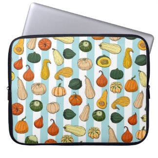 Hand-drawn squashes, striped seamless background. laptop sleeve