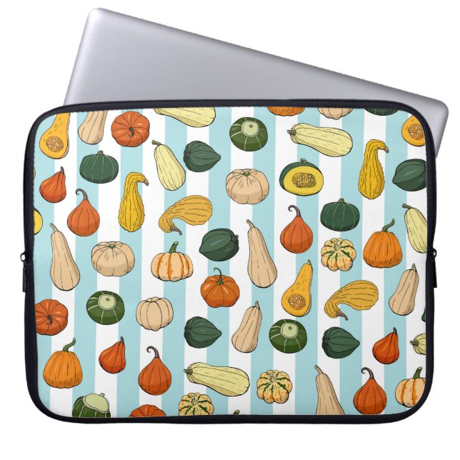 Hand-drawn squashes, striped seamless background. laptop sleeve (Front)