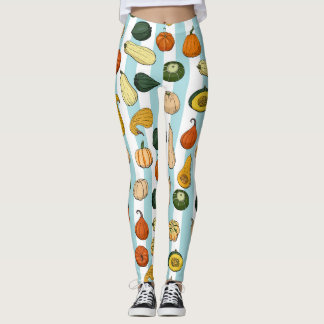 Hand-drawn squashes, striped seamless background. leggings
