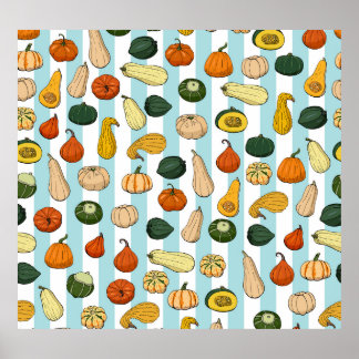Hand-drawn squashes, striped seamless background. poster