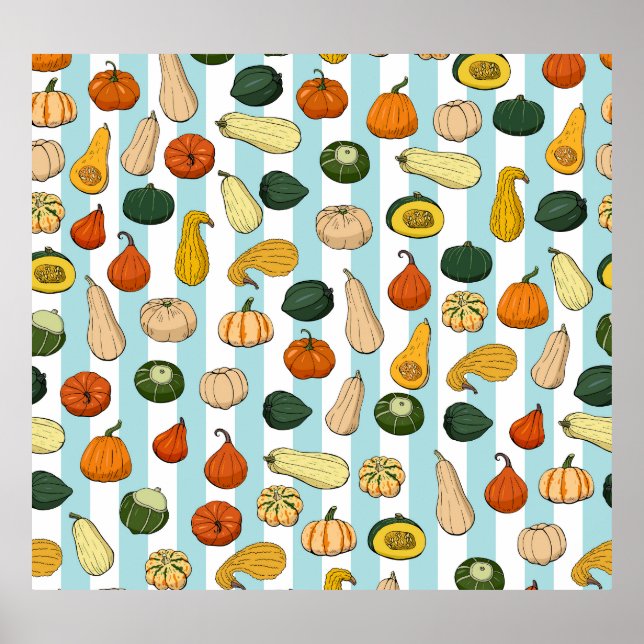 Hand-drawn squashes, striped seamless background. poster (Front)