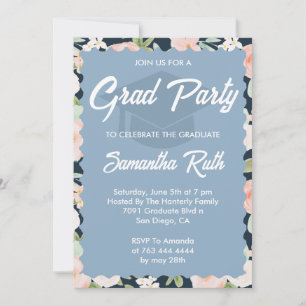 Hand Drawn Squiggly Floral Navy Graduation Party Invitation