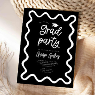 Hand Drawn Squiggly Line Black Graduation Party Invitation