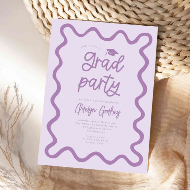 Hand Drawn Squiggly Line Purple Graduation Party Invitation (Creator Uploaded)