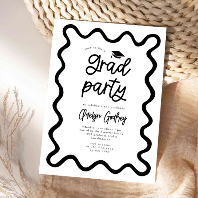 Hand Drawn Squiggly Line White Graduation Party Invitation (Creator Uploaded)