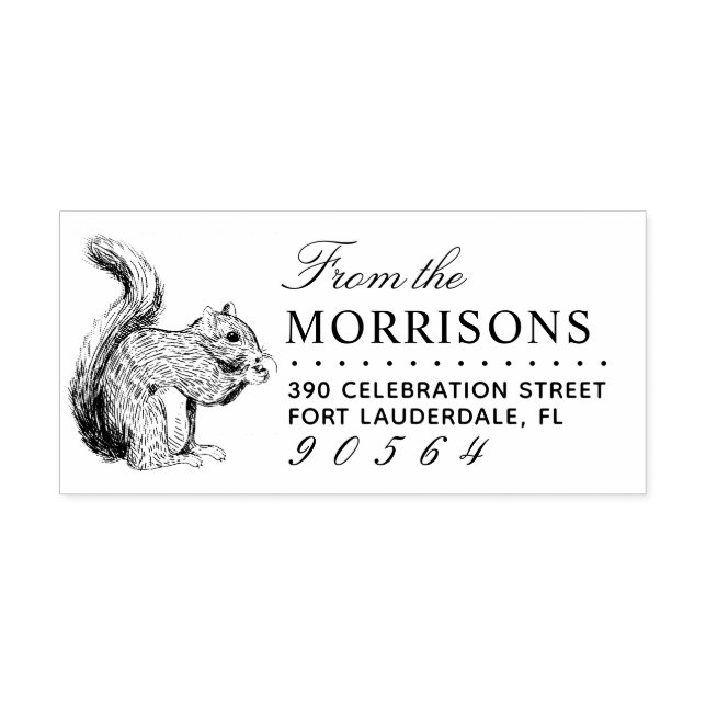 Hand-drawn Squirrel Family Name Return Address Rubber Stamp (Imprint)