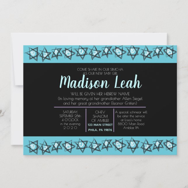 HAND-DRAWN STARS Jewish Baby Naming Invitation (Front)