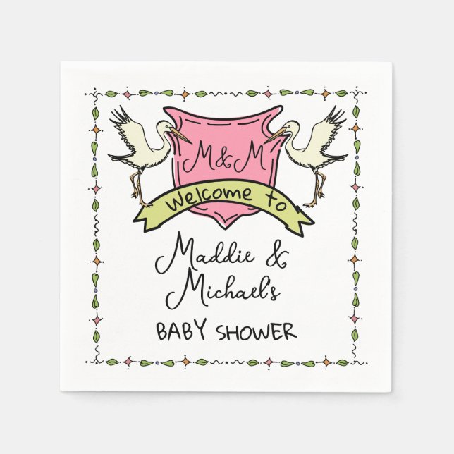 Hand drawn Stork Crest Baby Shower Napkin (Front)
