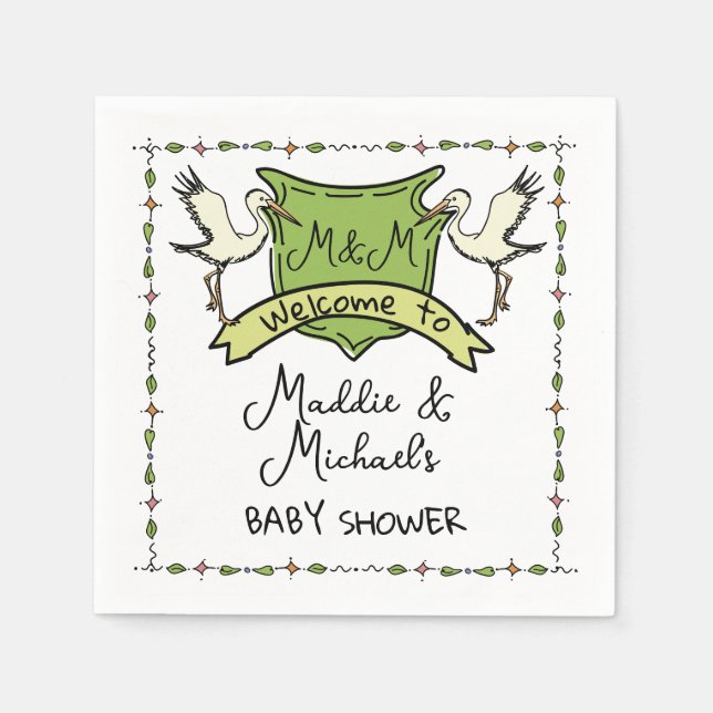 Hand drawn Stork Crest Baby Shower Napkin (Front)