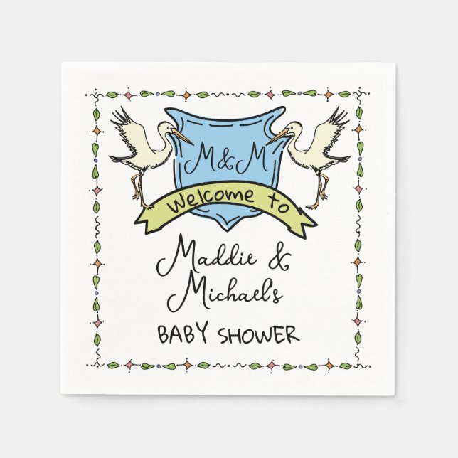 Hand drawn Stork Crest Baby Shower Napkin (Front)