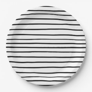 Hand Drawn Stripes Black and White Paper Plate