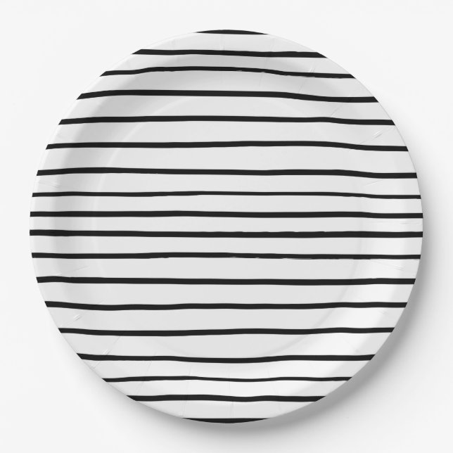 Hand Drawn Stripes Black and White Paper Plate (Front)