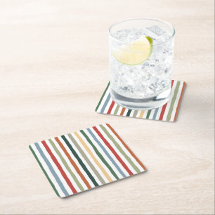 Hand-drawn stripes in art nouveau-inspired colours square paper coaster