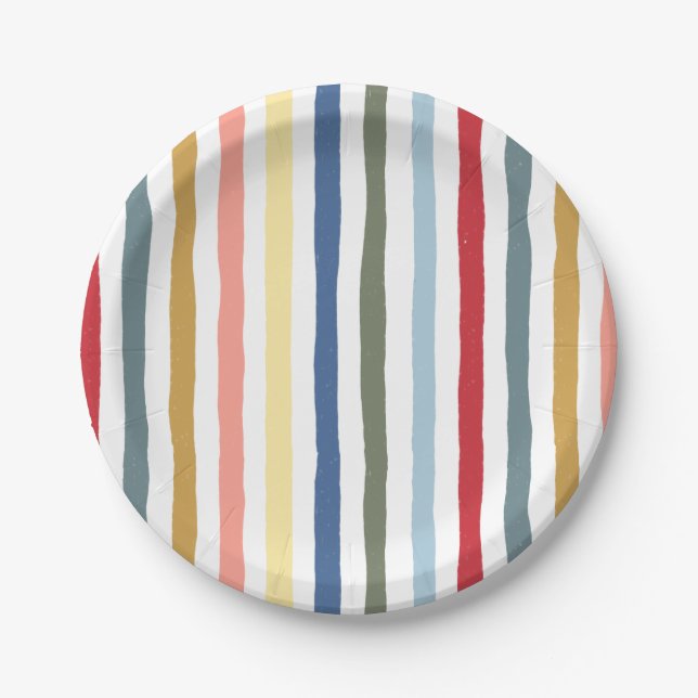 Hand-drawn stripes in mid century modern colours paper plate (Front)