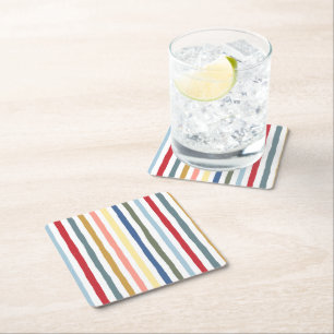 Hand-drawn stripes in mid century modern colours square paper coaster