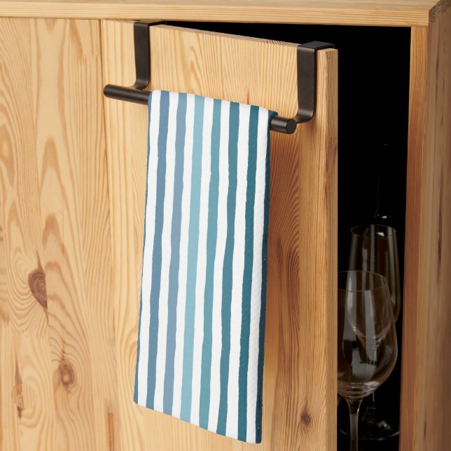Hand-drawn stripes in shades of sea-inspired blue kitchen towel (Thirds Fold)