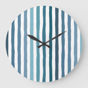 Hand-drawn stripes in shades of sea-inspired blue large clock