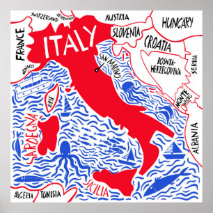 hand drawn stylized map of Italy. Travel illustrat Poster