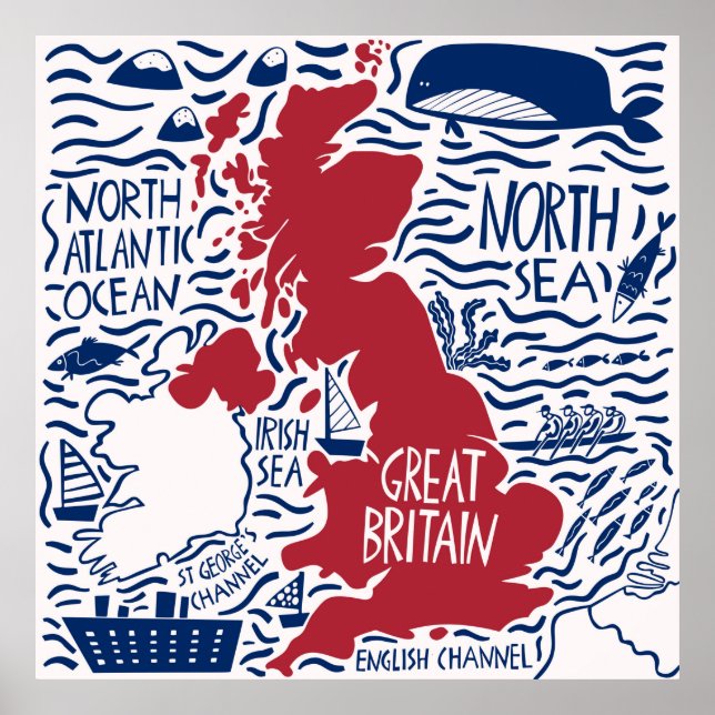 hand drawn stylized map of the United Kingdom. Tra Poster (Front)