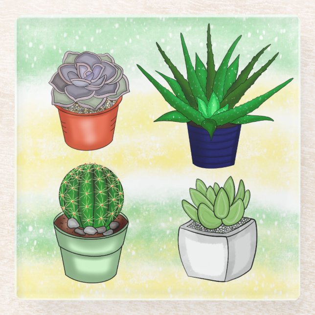 Hand drawn Succulents  Glass Coaster (Front)