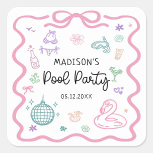 Hand Drawn Summer Fun Pool Party Birthday Square Sticker
