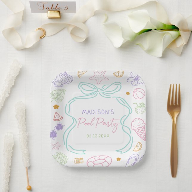 Hand Drawn Summer Pool Party Birthday Paper Plates (Wedding)