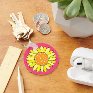 Hand Drawn Sunflower Pink Background Keychain