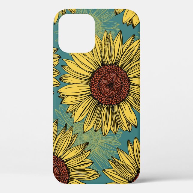 Hand-Drawn Sunflowers Mint Blue Case-Mate iPhone Case (Back)