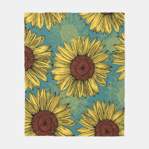 Hand-Drawn Sunflowers Mint Blue Fleece Blanket