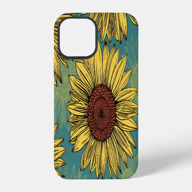 Hand-Drawn Sunflowers Mint Blue iPhone Case (Back)