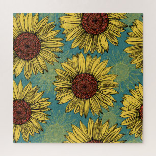 Hand-Drawn Sunflowers Mint Blue Jigsaw Puzzle