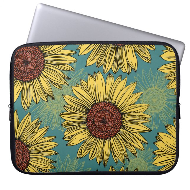 Hand-Drawn Sunflowers Mint Blue Laptop Sleeve (Front)