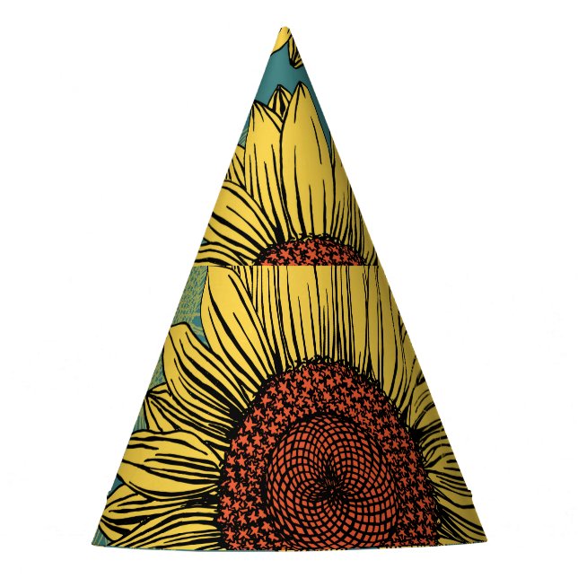 Hand-Drawn Sunflowers Mint Blue Party Hat (Front)