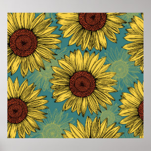 Hand-Drawn Sunflowers Mint Blue Poster
