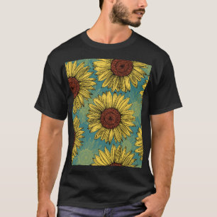 Hand-Drawn Sunflowers Mint Blue T-Shirt