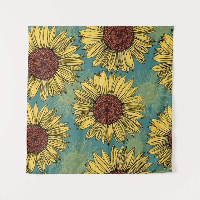 Hand-Drawn Sunflowers Mint Blue Tapestry (Front)