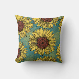 Hand-Drawn Sunflowers Mint Blue Throw Pillow