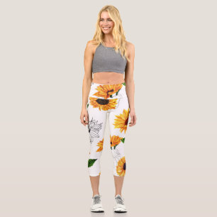 Hand-drawn sunflowers: vibrant yellow pattern. capri leggings