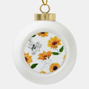 Hand-drawn sunflowers: vibrant yellow pattern. ceramic ball christmas ornament