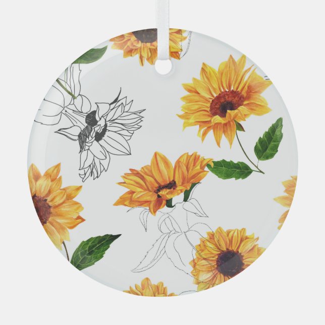 Hand-drawn sunflowers: vibrant yellow pattern. glass ornament (Front)