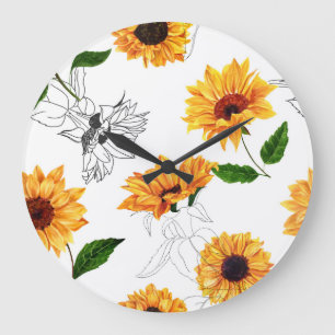 Hand-drawn sunflowers: vibrant yellow pattern. large clock