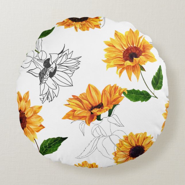 Hand-drawn sunflowers: vibrant yellow pattern. round pillow (Front)
